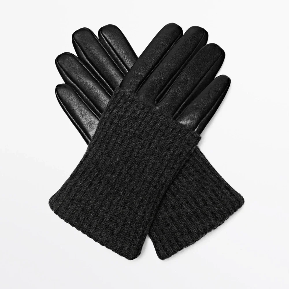 Steve Madden Faux Leather & Charcoal Knit Contrast Gloves